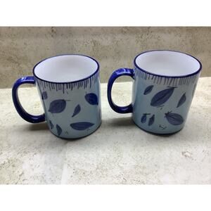 Blue and White Pottery Mug/ Hand Painted Set of 2 - Blue Floral & Leaves Mugs